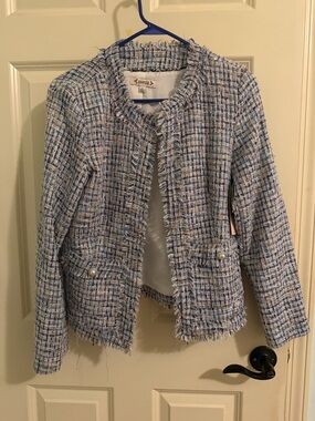 Nanette Lepore Blue Tweed Fringe Pearl-Trim Blazer